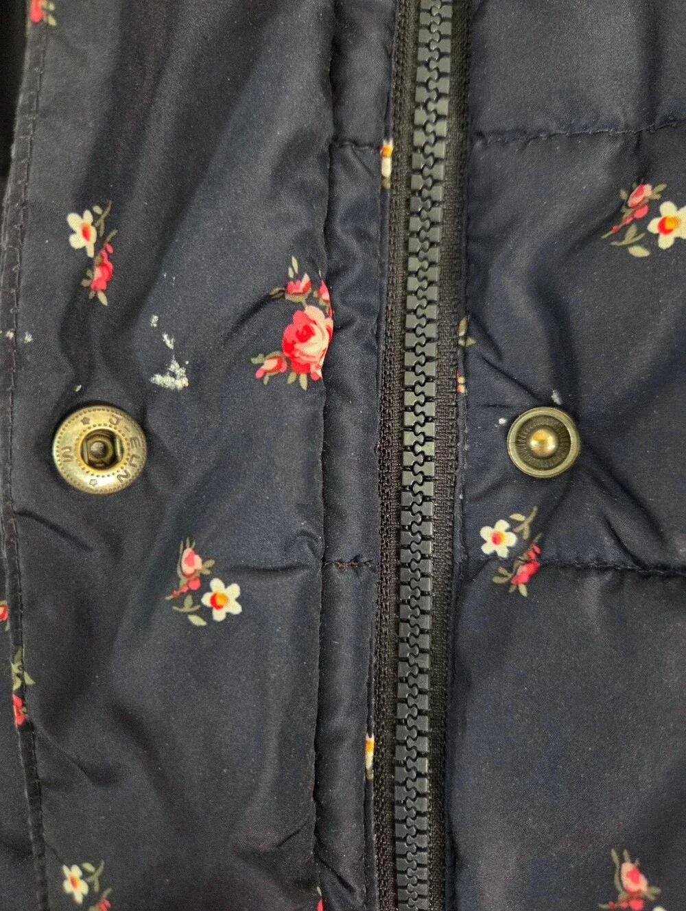 Gap Kids Girls Navy Floral Puffer Coat with Faux Fur Hood Small